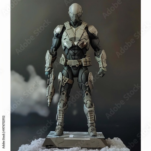 A futuristic soldier stands in a dynamic pose, equipped with advanced armor and holding a powerful weapon, against a cloudy sky backdrop.