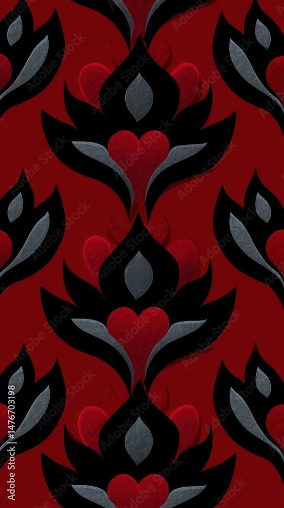 Fototapeta premium Red and Black Heart Shaped Floral Damask Seamless Pattern Design