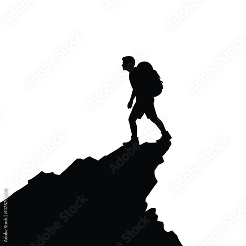 Silhouette of a hiker climbing a mountain peak against a white background illustration