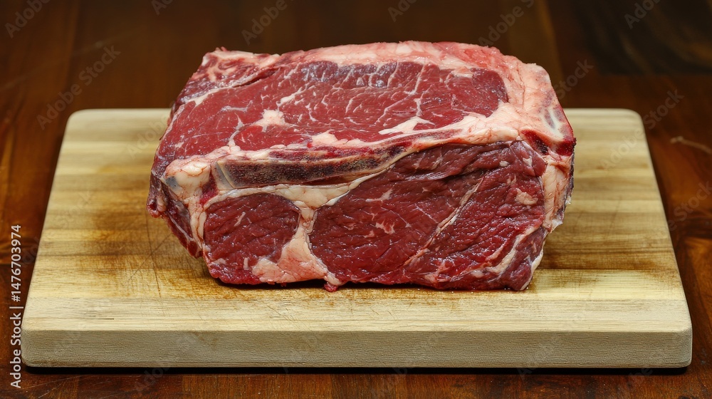 Raw beef rib steak resting on a wooden cutting board. Raw beef rib steak resting on a wooden cutting board.