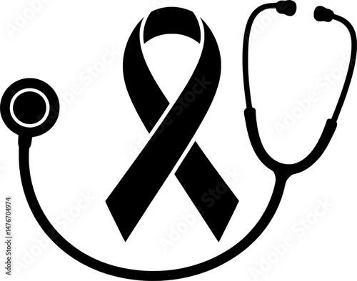 Stethoscope Looping Around Cancer Ribbon - Symbol of Medical Support and Cancer Awareness