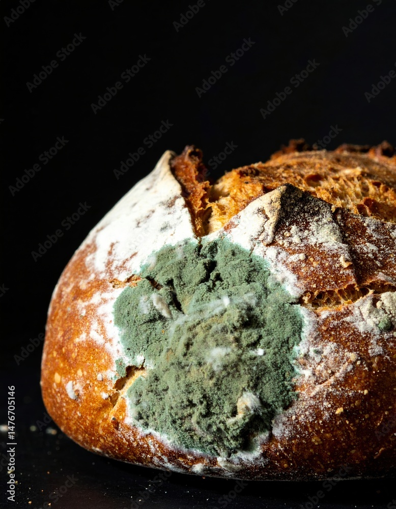 Fototapeta premium Moldy sourdough bread with green fungi on crust against dark background