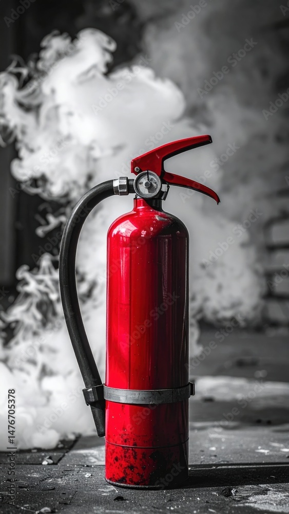 Obraz premium Red fire extinguisher amidst smoke in industrial setting