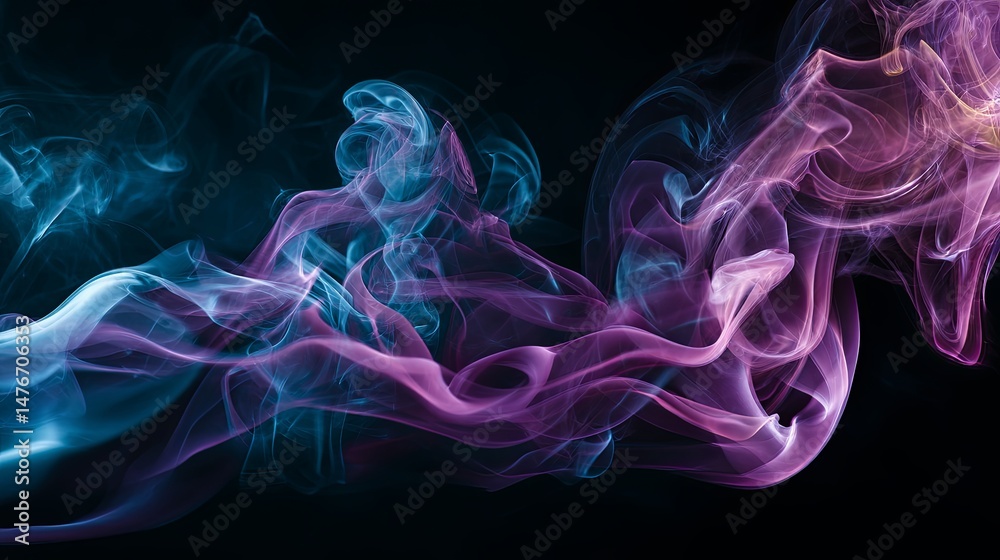 Fototapeta premium Colorful abstract smoke swirls rising and blending on black background with dramatic lighting and atmospheric effect, creative fluid movement and vibrant vapor texture captured in high contrast