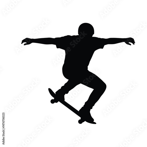 Black silhouette of skateboarder in mid-air performing a trick against white background