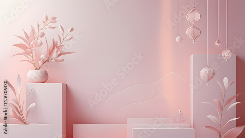 Elegant Pink Minimalistic Scene with Delicate Floral and Ornament Details. Soft pink-toned minimalist composition featuring potted plants, geometric elements, and ornate hanging decorations