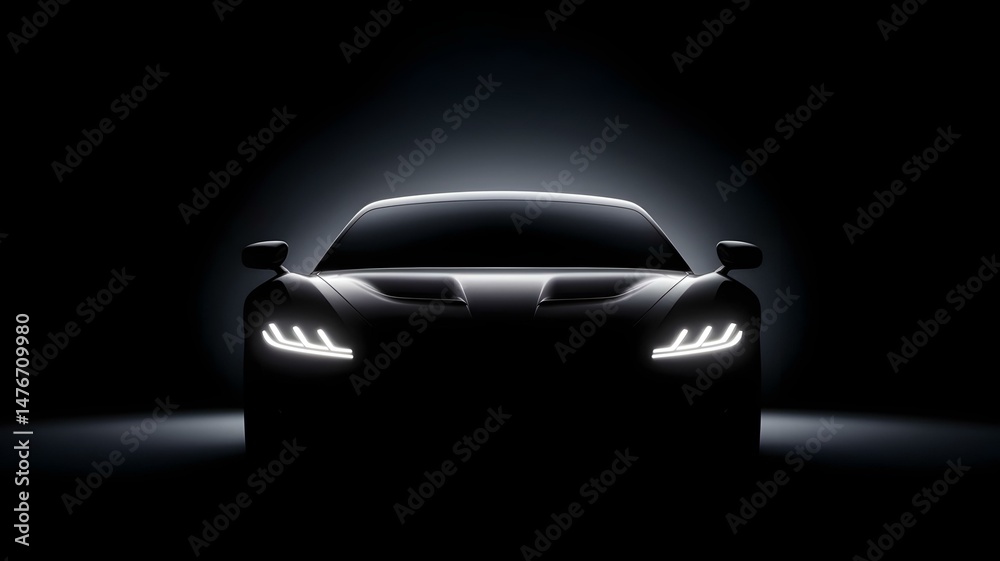 Fototapeta premium Mysterious Front View of a Modern Car: Headlights Illuminate a Sleek Vehicle in the Dark, Evoking Luxury, Performance, and Automotive Innovation