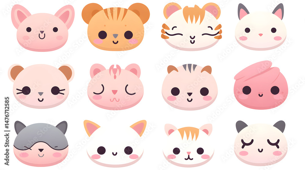 Fototapeta premium Kawaii Cartoon Faces: Cute Pink Animal Emojis Vector Illustration for Designs