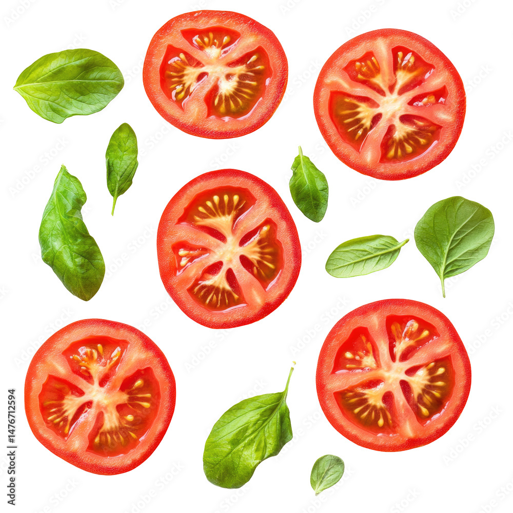 Fresh tomato slices with basil leaves Fresh tomato slices with basil leaves