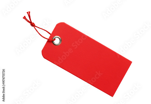 Red Tag with String Closeup Isolated on White Background