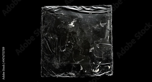 Square, dark, plastic sheet with wrinkles and texture.  Wrinkled,  crumpled surface,  visually heavy,  contrast,  black and white,  abstract