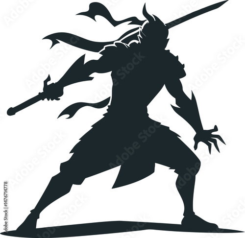 a sword warrior standing in an action pose as a black color silhouette