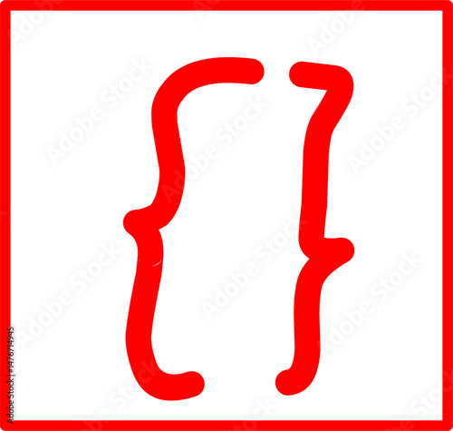 hand drawn curly bracket math symbol, red math symbol in doodle style