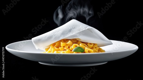 A neatly folded napkin covering a plate of untouched pasta, with steam rising faintly to suggest it was never eaten