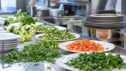 A restaurant prep station littered with chopped herbs and diced vegetables, none of which made it onto plates