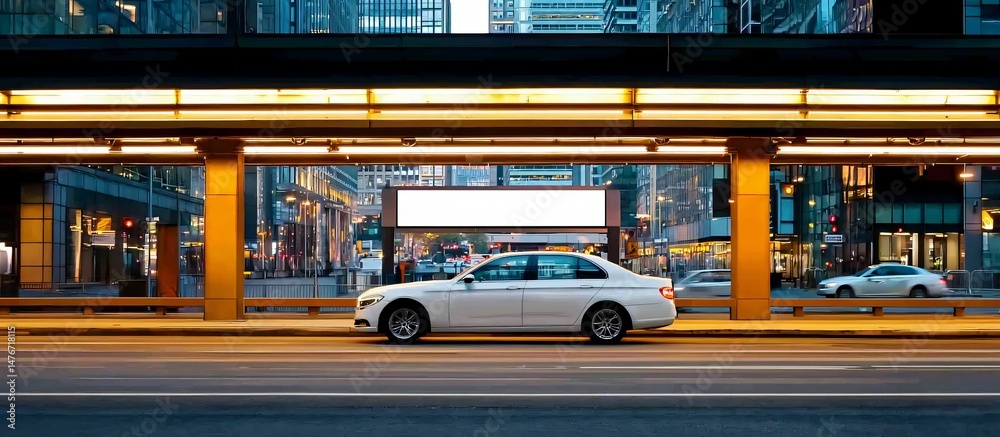 Obraz premium billboard with stark white border mounted beside parking garage, gritty aesthetic, strong vertical elements, natural late-day light, curated for modern visual campaigns