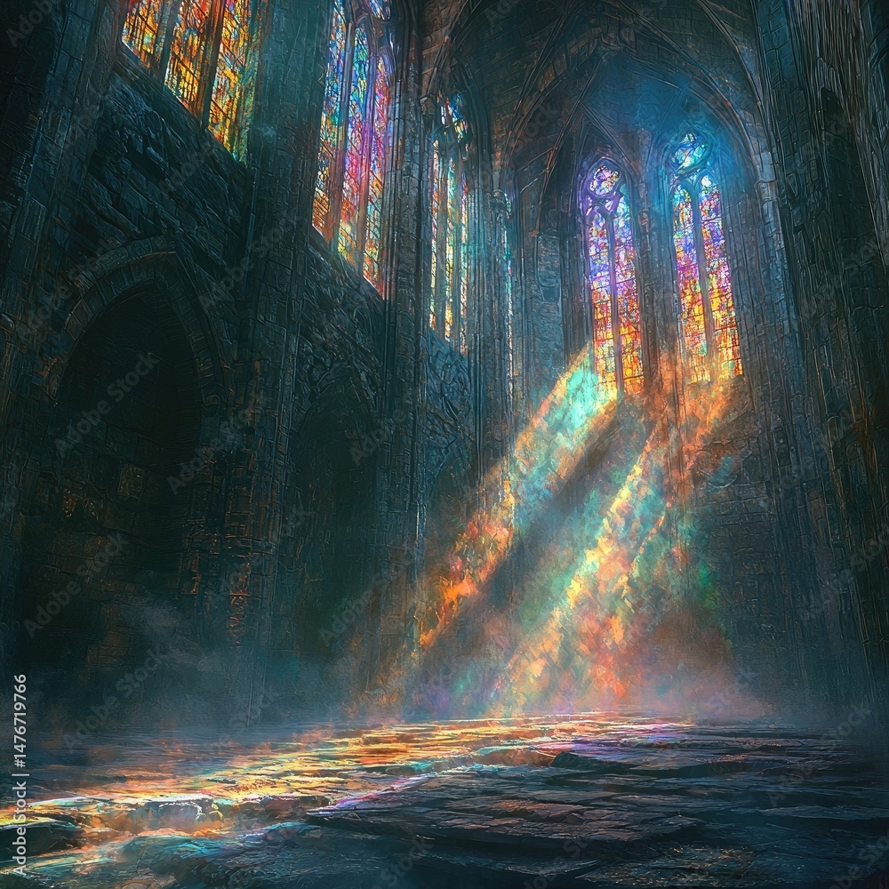 Fototapeta premium Sunbeams shine through stained glass windows in towering gothic cathedral. Dust and light fill vast vaulted space. Generative by AI.