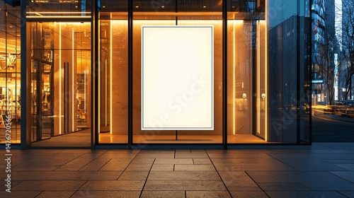 billboard with rectangular white edges, placed beside narrow boutique entrance, no reflections, warm stone pavement below, distant view of road curve