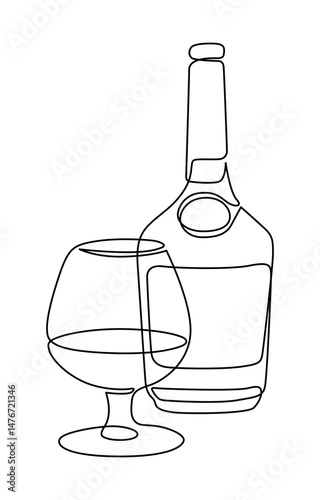 Cognac glass and bottle line drawing. Hand-drawn alcohol drink line art. Hand drawn vector illustration with editable stroke. Isolated on transparent background.
