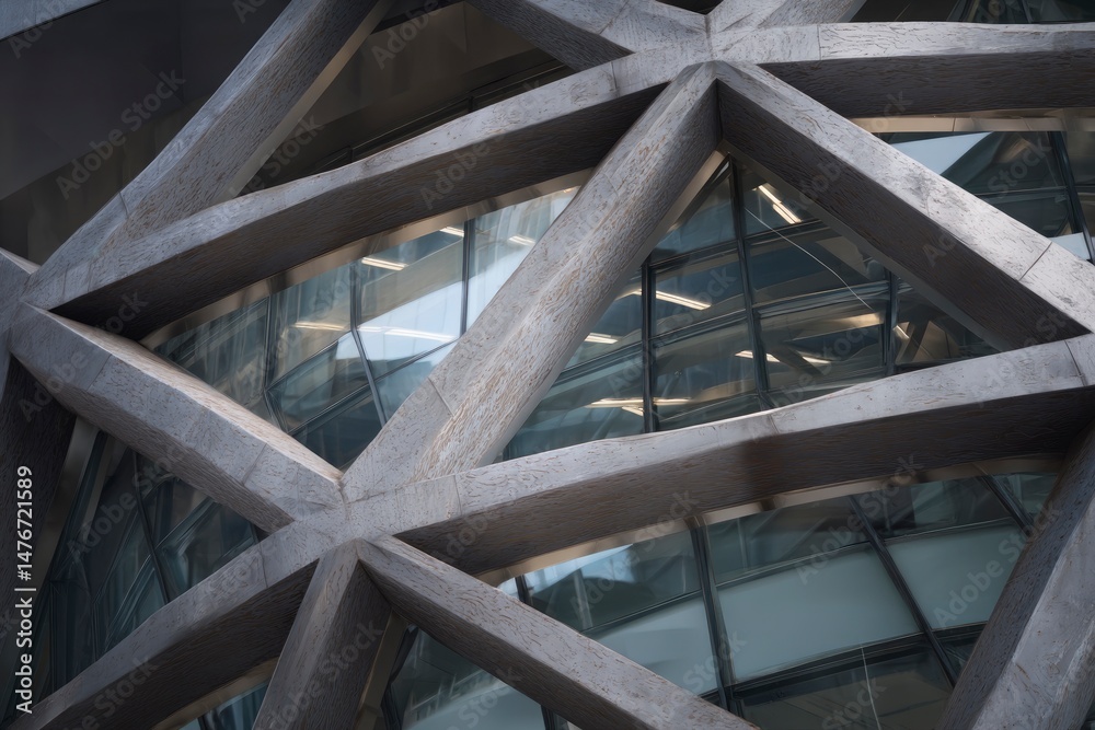 Fototapeta premium Geometric Concrete Structure: Intersecting Beams and Glass Panels