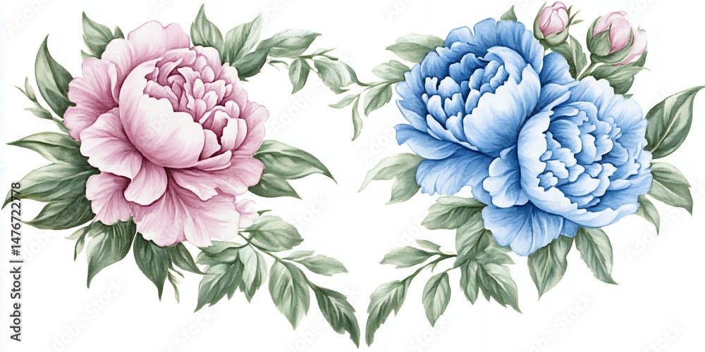 Fototapeta premium Elegant Pink and Blue Peonies Floral Heart Design Botanical Watercolor Painting Romantic Flower