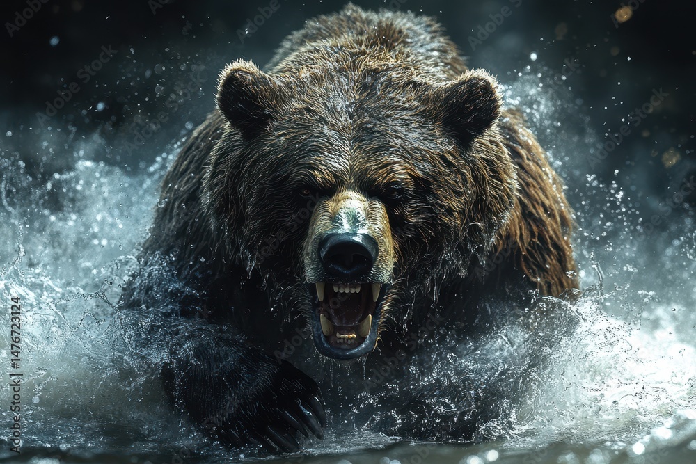 Grizzly bear charging through water with fierce expression in dense forest setting during daylight Grizzly bear charging through water with fierce expression in dense forest setting during daylight