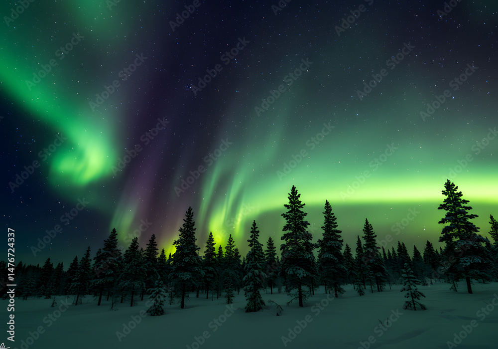 Fototapeta premium Aurora borealis over snowy forest