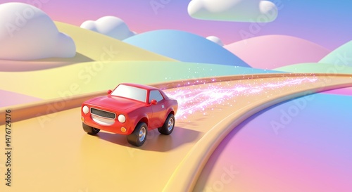 Red Cartoon Car Driving on a Colorful Road