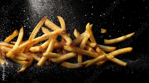 crispy tasty potato fries chips with salt flavour spice powder . aspect ratio 16:9