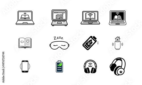 Laptop, Wi-Fi, Book, Headphones, Battery, Speaker – Tech Icon Set