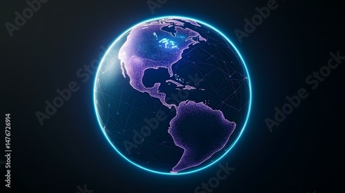 The image shows a digitally rendered globe, primarily showcasing North and South America.  The continents are depicted as constellations of light, interconnected by a network of glowing lines suggest