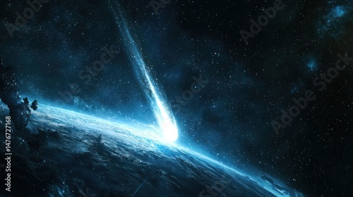 A comet with a bright tail streaking through space