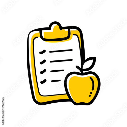 Diet plan checklist with yellow clipboard and apple illustration  