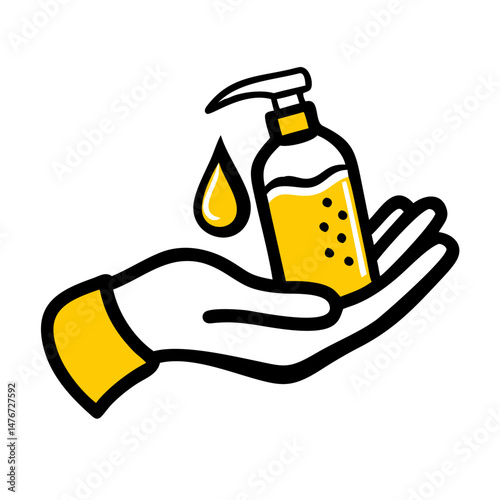 Hand holding yellow bottle of hand sanitizer with droplet