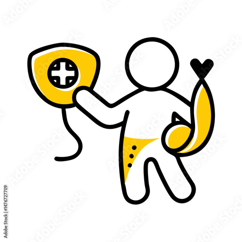Health screening concept with cartoon figure holding device and baby  