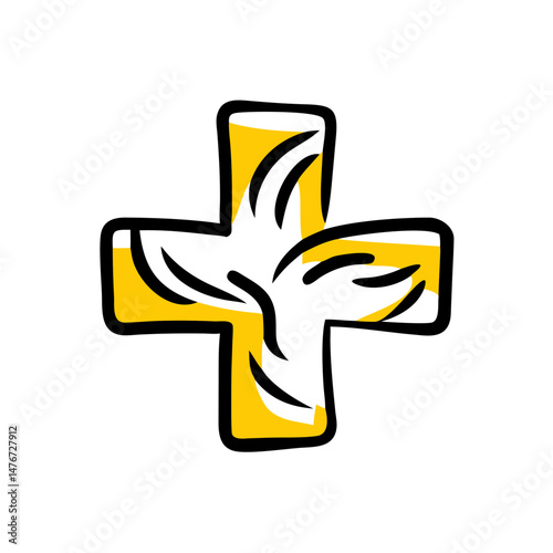 Yellow medical cross symbol with flowing design elements  
