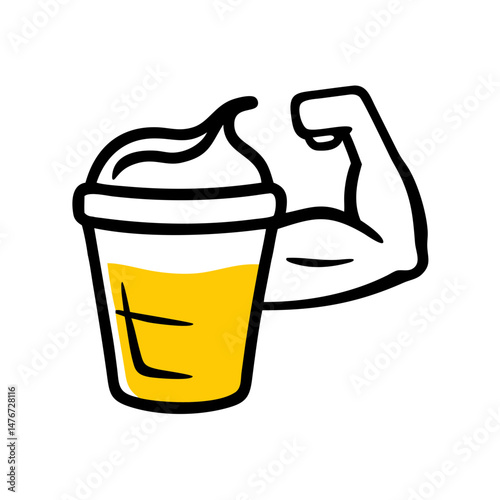Protein shake in cup with strong arm illustration  
