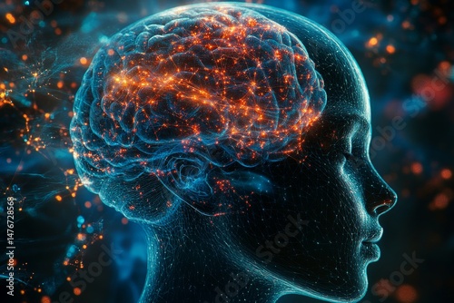 Intricate illustration of a human head and active brain.