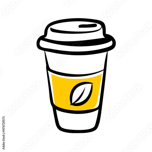 Disposable coffee cup with leaf design in yellow and white color  