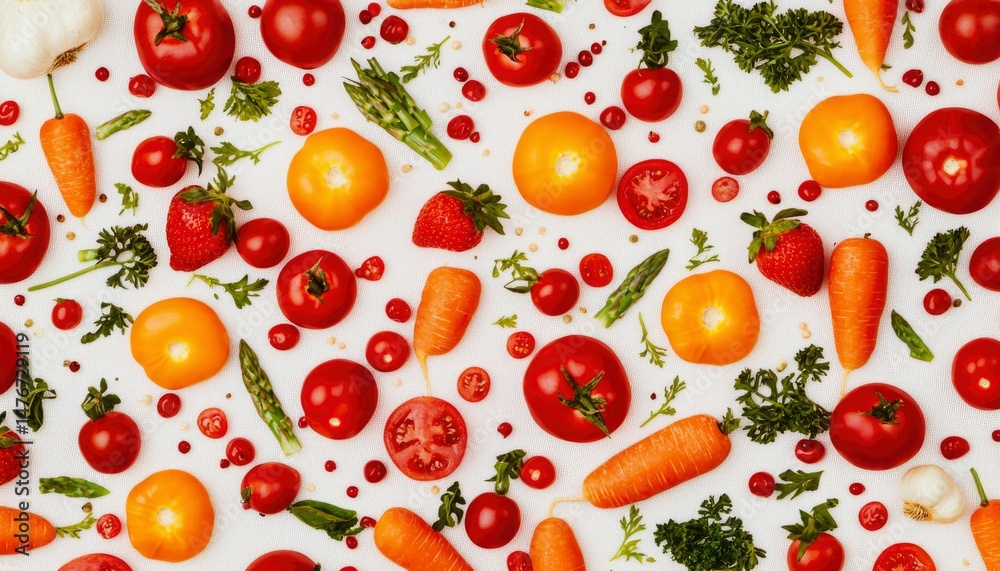 Colorful fresh fruit and vegetable pattern on white background Colorful fresh fruit and vegetable pattern on white background