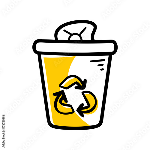 Recycling bin with recycling symbol in yellow and white design  