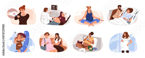 Set of motherhood, pregnant women. Expectant mothers are with pregnancy test, on baby ultrasound, partner birth. Moms sleep, meditate, care about health. Flat isolated vector illustrations on white