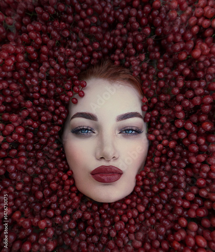 Woman's face with beautiful red lips close-up in red berries.