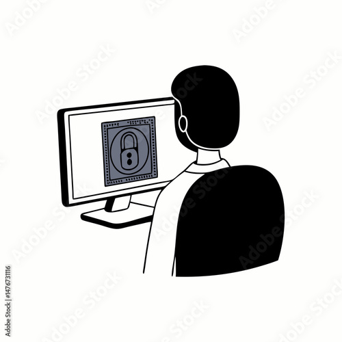 Crypto security expert at computer with blockchain lock graphic, focused, vector clean style
