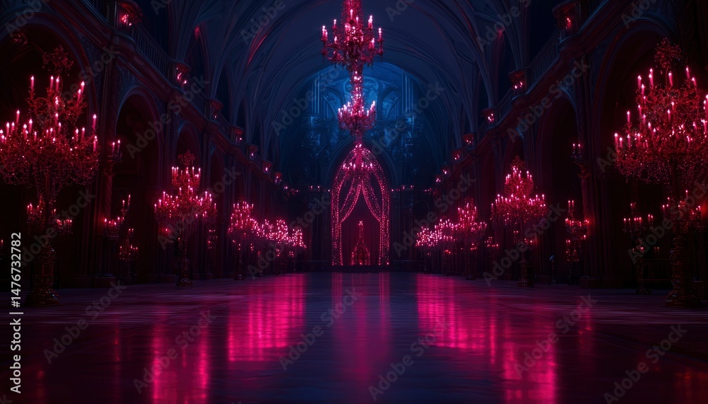 Obraz premium Dark, regal hall with glowing chandeliers