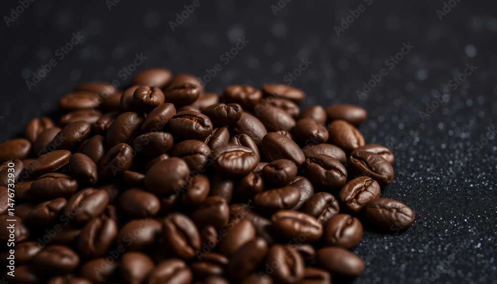 Fototapeta premium A handful of dark roasted coffee beans with a glossy surface, evoking freshness, aroma, and the richness of coffee, perfect for food or beverage marketing.