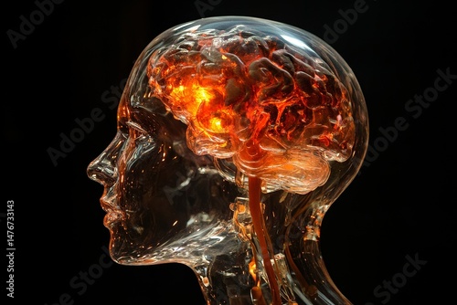 Transparent anatomical model of a human head with a highlighted brain. photo