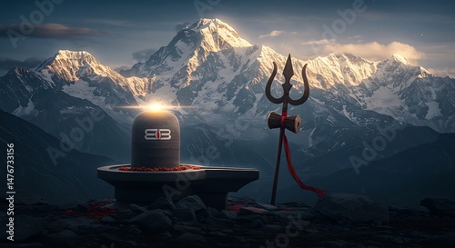 Shiva Lingam and Trishul in Mountain Landscape