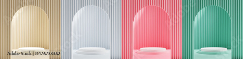 3d Beige White Pink Green scene background with white podium and arch gate for product presentation. Abstract minimal mockup with cylinder platform and door.