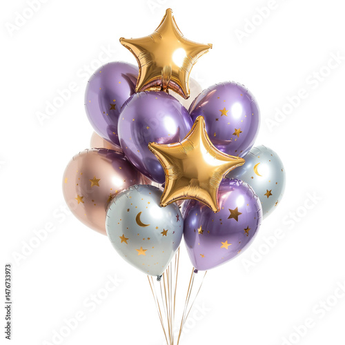 Colorful balloon bouquet with star shaped balloons in purple and gold cutout isolated on transparent bg, png